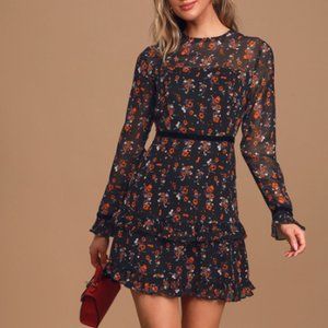 Floral to See Black Floral Print Long Sleeve Mini Dress - SMALL